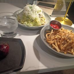 BBQ Lollipop wings, truffle fries and the granny Smith salad BBQ Lollipop wings, truffle fries and the granny Smith salad