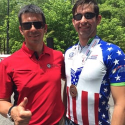 Coach Jim Cunningham with team Roger C Peace athlete Mark Gyulafia at nationals in Chattanooga Tennessee.