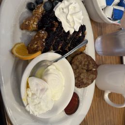 Crusted French Toast, poached eggs, and sausage Crusted French Toast, poached eggs, and sausage