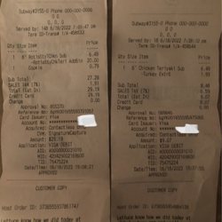 Subway - The original receipt and the re-ring receipt for how much it was SUPPOSED to cost.