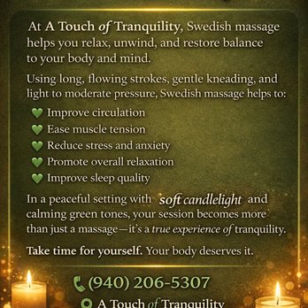 A Touch of Tranquility - This post goes a little more in detail regarding swedish massage. - Massage Therapy Near Me - Denton, Texas A Touch of Tranquility - This post goes a little more in detail regarding swedish massage. - Massage Therapy Near Me - Denton, Texas