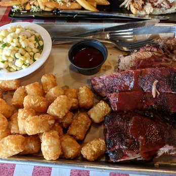 Armadillo Willy's BBQ - 2 meat plate with fatty brisket and ribs. Sides are corn salad and tots - Barbeque Near Me - San Mateo, California Armadillo Willy's BBQ - 2 meat plate with fatty brisket and ribs. Sides are corn salad and tots - Barbeque Near Me - San Mateo, California
