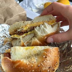 Hot Bagels Abroad - Bacon and cheese everything bagel sandwich