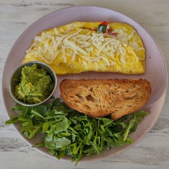 Blue Palm Mission Beach - Veggie Omelette with toasted sourdough, mashed avocado, and arugula - Coffee & Tea Near Me - San Diego, California Blue Palm Mission Beach - Veggie Omelette with toasted sourdough, mashed avocado, and arugula - Coffee & Tea Near Me - San Diego, California