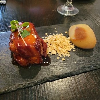 LASO - glazed pork belly with lentil crumbs and a quarter pear $14 - Himalayan/Nepalese Near Me - American Canyon, California