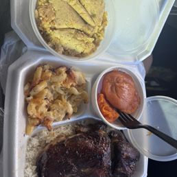 Turkey dressing, mac n cheese, honey mustard chicken and rice, yams