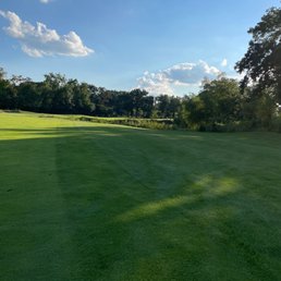 A golf course with well-maintained green grass, surrounded by trees, under a clear blue sky with some clouds.