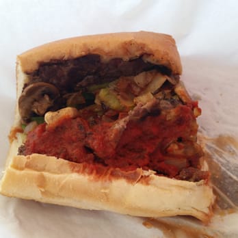 Great Steak Bomb Hoagie - Pepper mushroom cheese steak, bombed!, with marinara. Mas delicioso! - Cheesesteaks Near Me - Simi Valley, California Great Steak Bomb Hoagie - Pepper mushroom cheese steak, bombed!, with marinara. Mas delicioso! - Cheesesteaks Near Me - Simi Valley, California