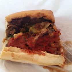 Great Steak Bomb Hoagie - Pepper mushroom cheese steak, bombed!, with marinara. Mas delicioso!