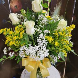 Linda's Flowers & Gifts - White roses with solidago and baby's breath