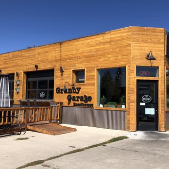 Granby Garage Kitchen + Bar - The building and patio are pretty cool- notice the moose antler mural to the right- great photo opp! - Seafood Near Me - Granby, Colorado Granby Garage Kitchen + Bar - The building and patio are pretty cool- notice the moose antler mural to the right- great photo opp! - Seafood Near Me - Granby, Colorado