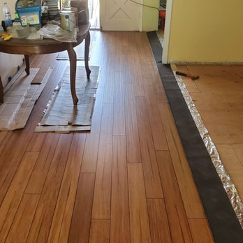 Garcia's Flooring - CALI Bamboo Floor , 3 mil (not 1.5 mil) moisture barrier, new 3/8" plywood on top of original raised floor - Flooring Near Me