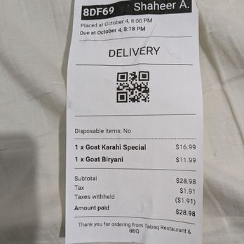 Tabaq Restaurant & BBQ - reciept - Pakistani Near Me - Edison, New Jersey