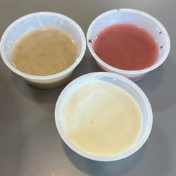 Naf Naf Grill - Top left: lemon (2nd favorite) Top right: pomegranate ( to fruity for me) Bottom : garlic (my favorite )