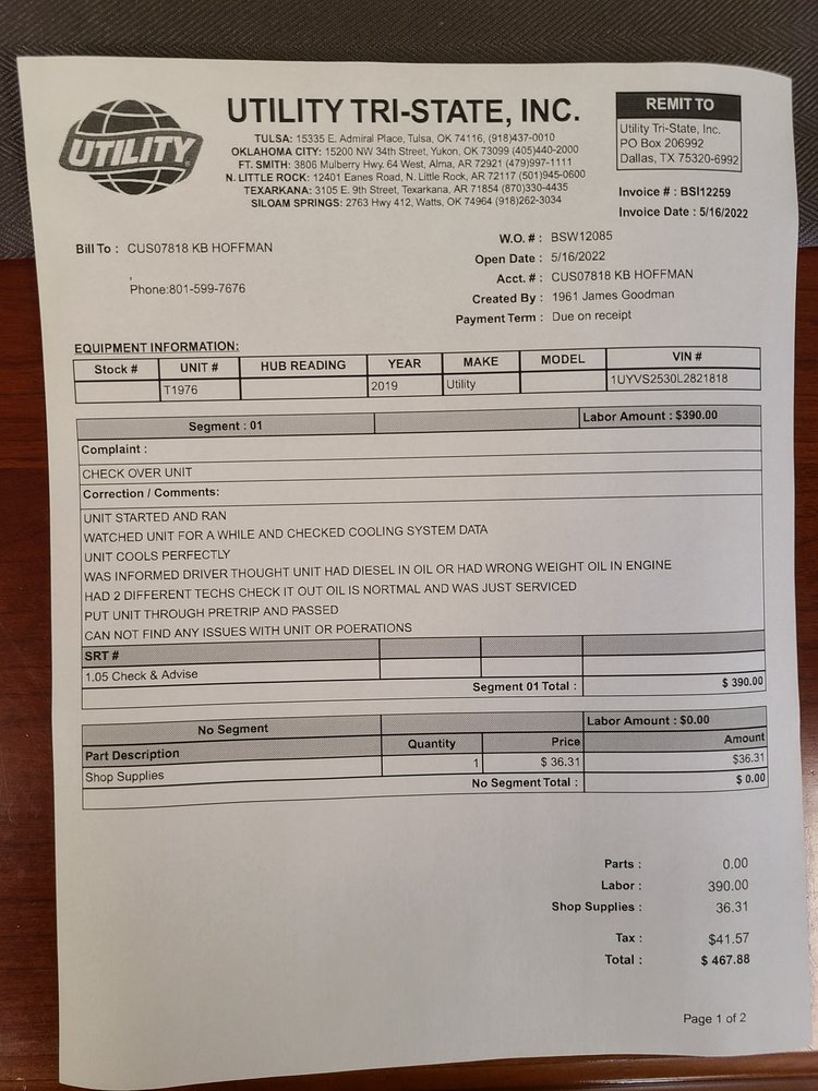 UTILITY TRISTATE Updated September 2024 3806 Mulberry Hwy 64 W, Alma, Arkansas Trailer