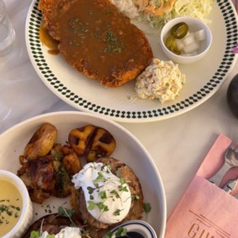GIWA - Top: Korean Pork Cutlet Bottom: Korean Palace Patty Benedict (sauce on the side) - Breakfast & Brunch Near Me - Santa Clara, California