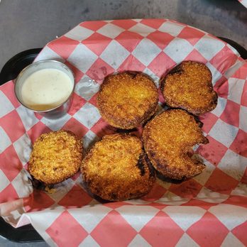 Misty Mountain Hops - Fried green tomatoes (This is a partially eaten order. You get more than this.) - Bars Near Me - Blue Ridge, Georgia