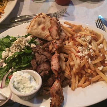 Meze - Chicken and Lamb Mix Plate with Salad and French Fries - Greek Near Me - Brooklyn, New York Meze - Chicken and Lamb Mix Plate with Salad and French Fries - Greek Near Me - Brooklyn, New York