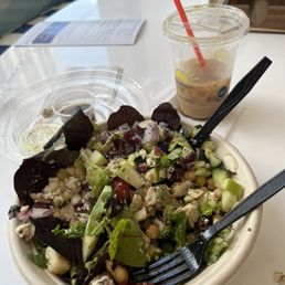 Amazing (protein power?) salad, perfect (half sweet oat milk) lavender latte
