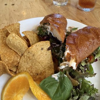 Adams Mountain Cafe - Can't remember the name but this is a chicken and mushroom type sandwich and those tortillas chips are delicious. - New American Near Me - Manitou Springs, Colorado