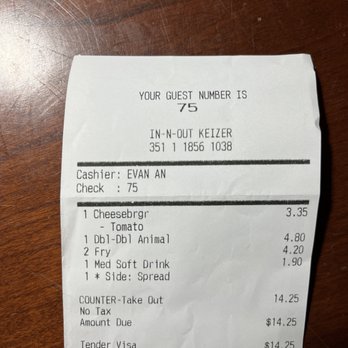 In-N-Out Burger - My receipt - Burgers Near Me - Keizer, Oregon In-N-Out Burger - My receipt - Burgers Near Me - Keizer, Oregon
