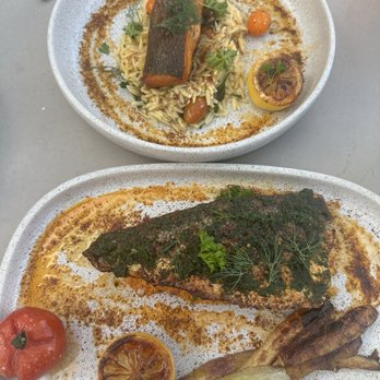 Olive & Sea - Salmon with lemon orzo Grilled branzino with couscous - Mediterranean Near Me - Fort Lauderdale, Florida