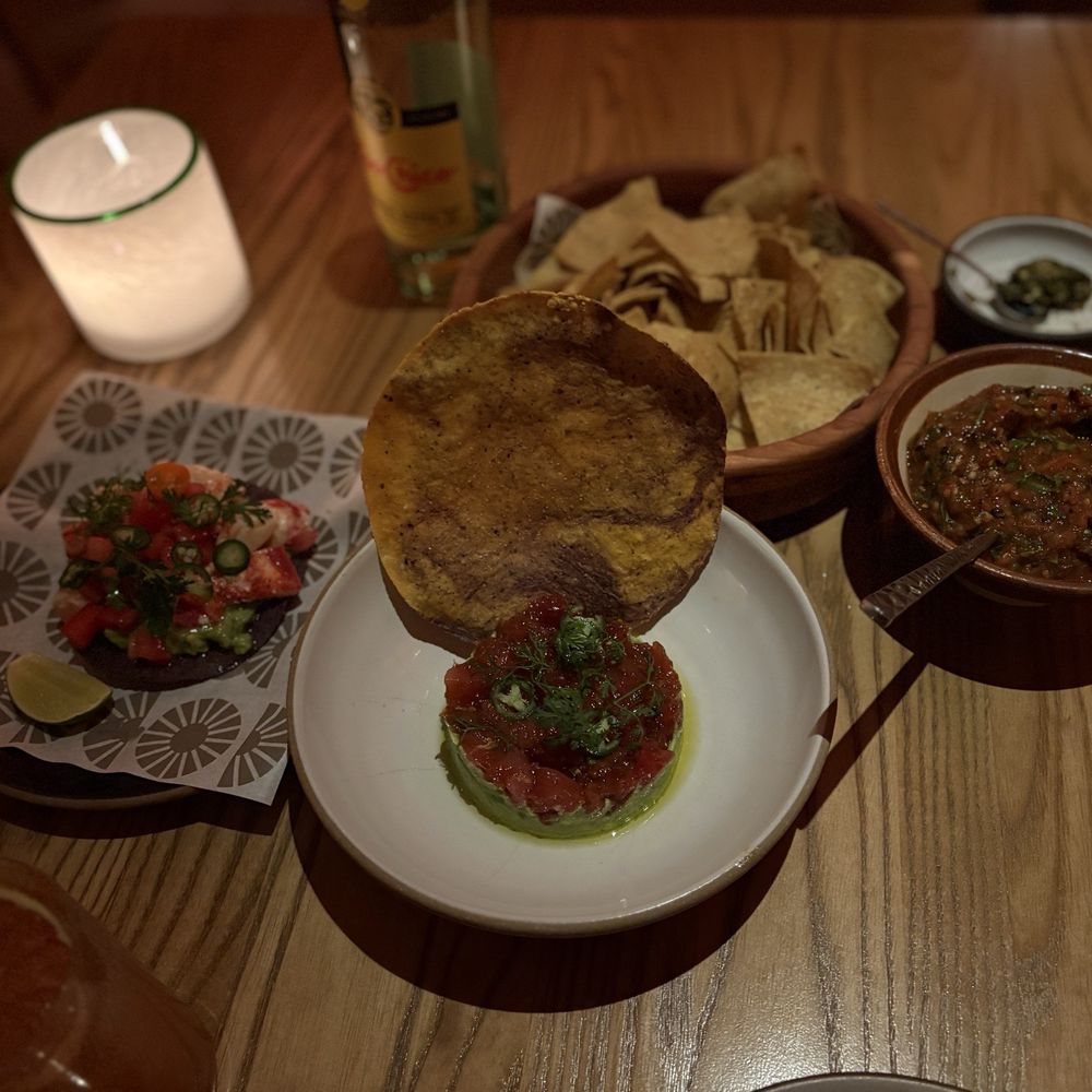 from L to R- lobster tostada, yellowtail tuna tartare, spicy tableside salsa from L to R- lobster tostada, yellowtail tuna tartare, spicy tableside salsa