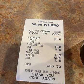 Gemato's Wood Pit BBQ - Receipt - Barbeque Near Me - Naperville, Illinois