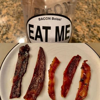 Bacon Boise - Bacon Shots (Berryhill Bacon/Chiles, Sugars, Spicy Hot, Kurobuta, Candied, Maple Rosemary, $10)- 4/5 stars. 3-4 slices/flavor included. - Breakfast & Brunch Near Me - Boise, Idaho Bacon Boise - Bacon Shots (Berryhill Bacon/Chiles, Sugars, Spicy Hot, Kurobuta, Candied, Maple Rosemary, $10)- 4/5 stars. 3-4 slices/flavor included. - Breakfast & Brunch Near Me - Boise, Idaho