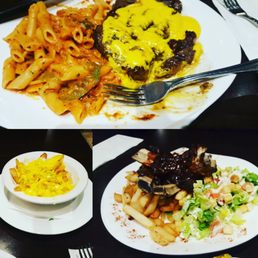 Bbqribs Steak with saffron sauce Rose pasta Saffron poutine and cesar salad.Excellent Food quality