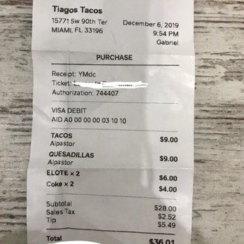 Tiagos Tacos - Our bill at tiagos tacos - Food Trucks Near Me - Miami, Florida Tiagos Tacos - Our bill at tiagos tacos - Food Trucks Near Me - Miami, Florida