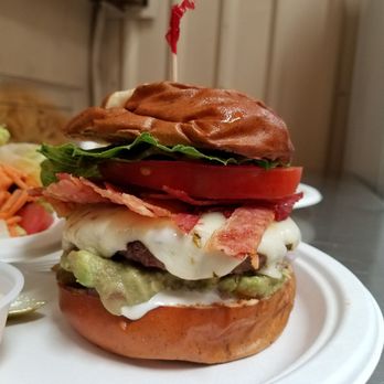 Mount Shasta Brewing - California burger with Kobe beef, bacon and cheese on a pretzel roll. To die for. - Brewpubs Near Me - Weed, California Mount Shasta Brewing - California burger with Kobe beef, bacon and cheese on a pretzel roll. To die for. - Brewpubs Near Me - Weed, California