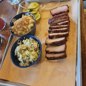 Sweet Cheeks Q - Pork belly with a scoop of mac and broccoli cheese casserole - Southern Near Me - Boston, Massachusetts