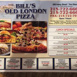 Bill's Old London Pizza - Menu front