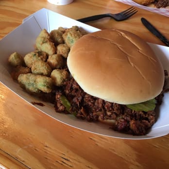 Dave's Smokehouse - Chopped brisket burger and a side of fried okra - Barbeque Near Me - Seabrook, Texas
