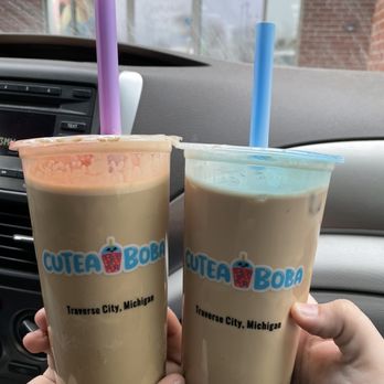 Cutea Boba - coffee milk tea (left) and brown sugar milk tea (right), both with brown sugar tapioca pearls - Bubble Tea Near Me - Traverse City, Michigan