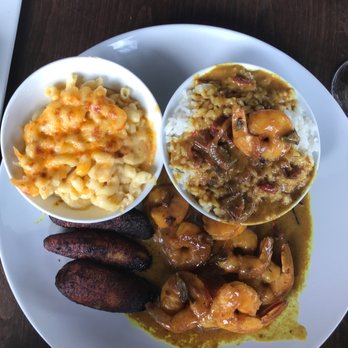 Kingston Grill - Curry Shrimp with white rice, Mac & Cheese and Sweet Plaintains - Caribbean Near Me - Forest Park, Georgia
