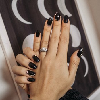 The Nail Bar - Liquid gel manicure with black gel polish and rhinestone design for $55. - Nail Salons Near Me - Fayetteville, North Carolina