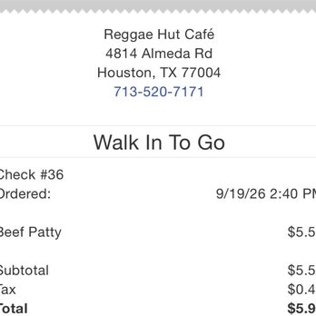 Reggae Hut - Receipt they went from $3.50 to $5.50 - Caribbean Near Me - Houston, Texas Reggae Hut - Receipt they went from $3.50 to $5.50 - Caribbean Near Me - Houston, Texas
