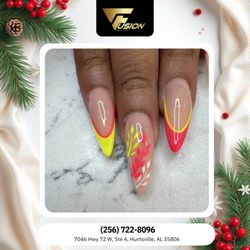 Fusion Nail & Spa - Vibrant neon yellow and pink French tips featuring delicate hand-painted leaf art. A pop of color for dreary days. Claim your chair to