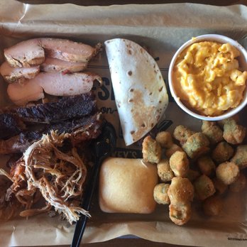 Dickey's Barbecue Pit - Chicken, Pork Ribs, Pulled Pork, Cheddar and Brisket Taco, Macaroni and Cheese, Fried Okra, and a Roll. - Barbeque Near Me - Kingsland, Georgia