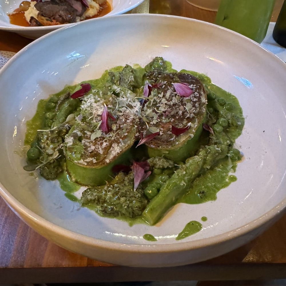 ACRE - Basil rotolo with cheese, morels, asparagus, and peas - New American Near Me - Memphis, Tennessee