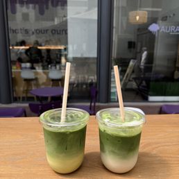Iced saffron matcha latte and banana matcha latte Iced saffron matcha latte and banana matcha latte