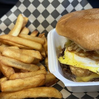 208 BurgerQ - The Hangover Burger Meal had egg, onion straws and even a hash brown! Yum! - American Near Me - Middleton, Idaho