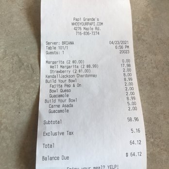 Papi Grande's - My receipt. - Mexican Near Me - Amherst, New York