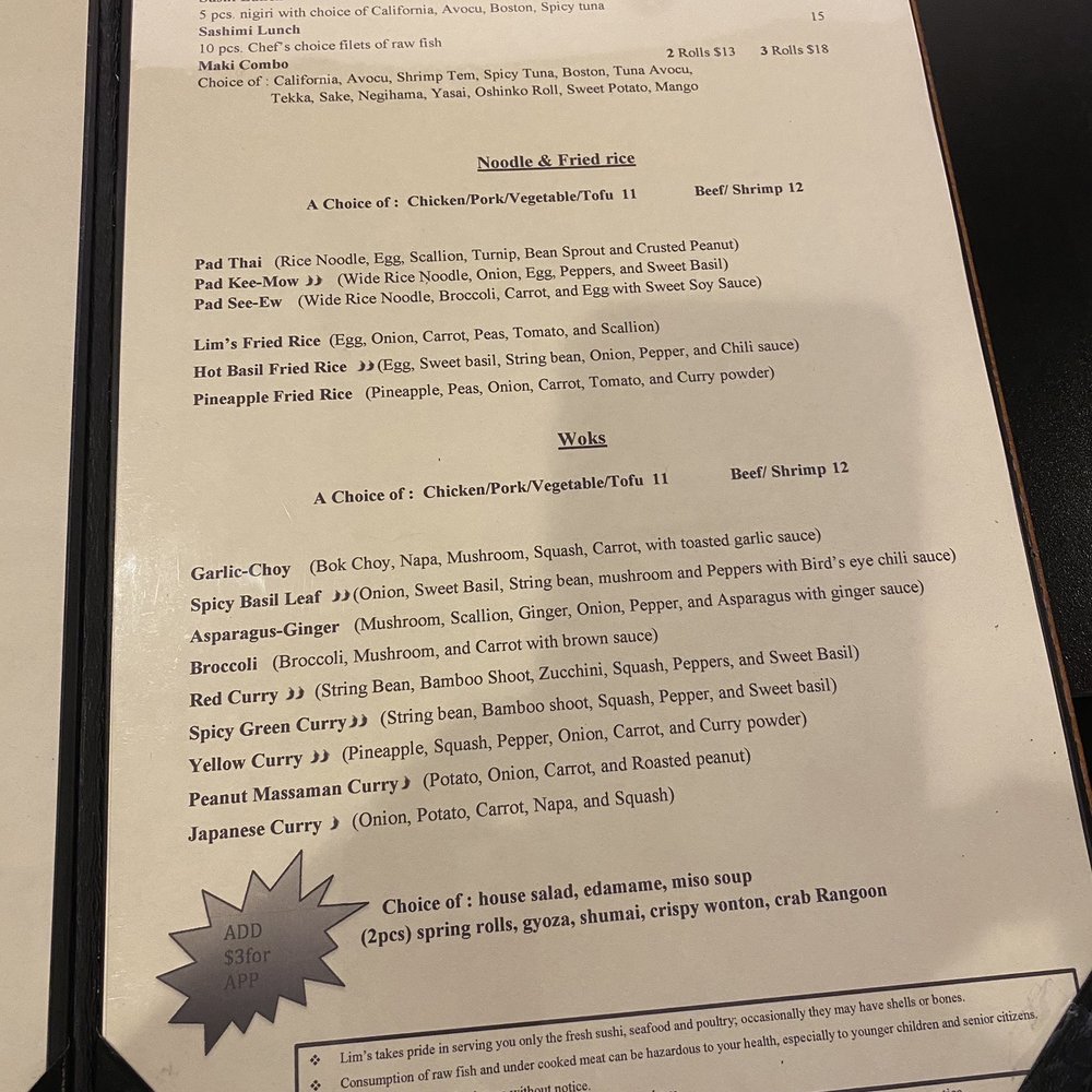 Lim's Fine Thai & Sushi Restaurant - Menu - Japanese Near Me - Providence, Rhode Island