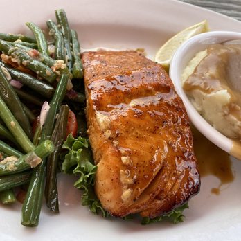 The Hideaway - Off-the-Hook Whiskey Salmon, Green Beans, Mashed Potatoes and Gravy. - Sports Bars Near Me - Odenton, Maryland The Hideaway - Off-the-Hook Whiskey Salmon, Green Beans, Mashed Potatoes and Gravy. - Sports Bars Near Me - Odenton, Maryland