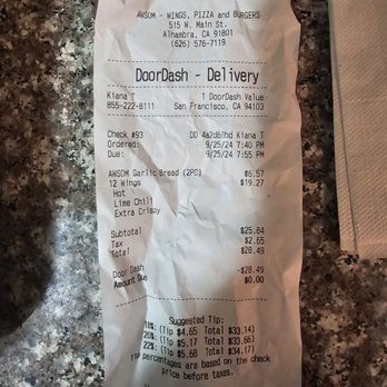 AWSOM Wings - Alhambra - My receipt showing what should've been in my bag. - Chicken Wings Near Me - Alhambra, California
