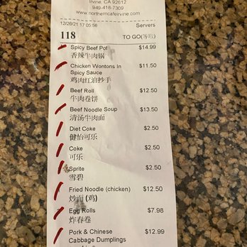 Northern Cafe - Receipt from my order - Chinese Near Me - Irvine, California Northern Cafe - Receipt from my order - Chinese Near Me - Irvine, California