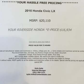Riverside Honda - Contact Kylie of you're Military or College Grad for Hassle Free Pricing!! Then go see Nana!! - Car Dealers Near Me - Riverside, California Riverside Honda - Contact Kylie of you're Military or College Grad for Hassle Free Pricing!! Then go see Nana!! - Car Dealers Near Me - Riverside, California